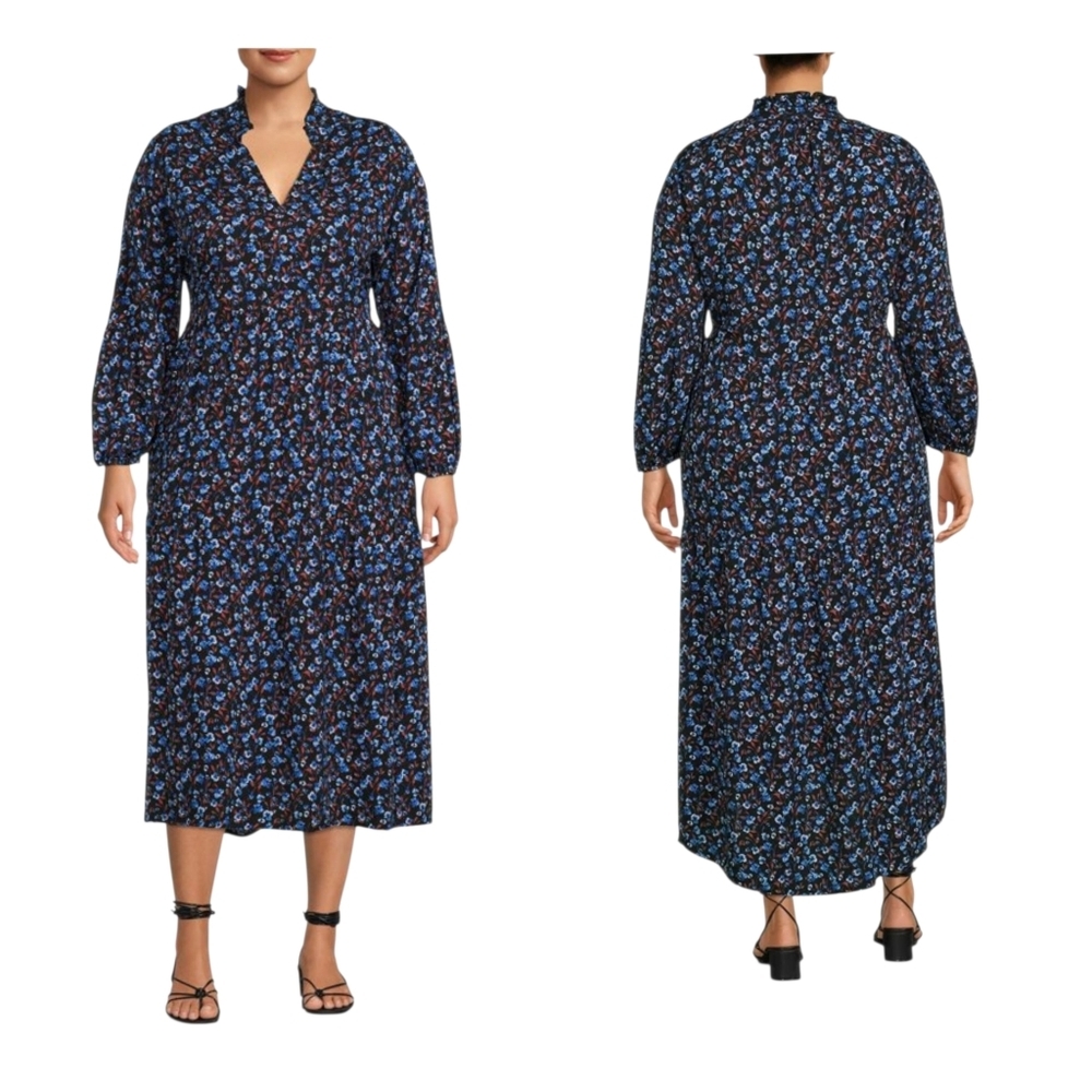 Terra Sky Women's Plus Size Peasant Dress 2X Blue Floral Long Sleeve Pocket Fall - Picture 13 of 13